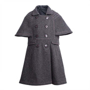 LAVANZEY Girls Cashmere Long Coat in dark grey wool blend, with a flared cape silhouette, pink stitching and double buttons.
