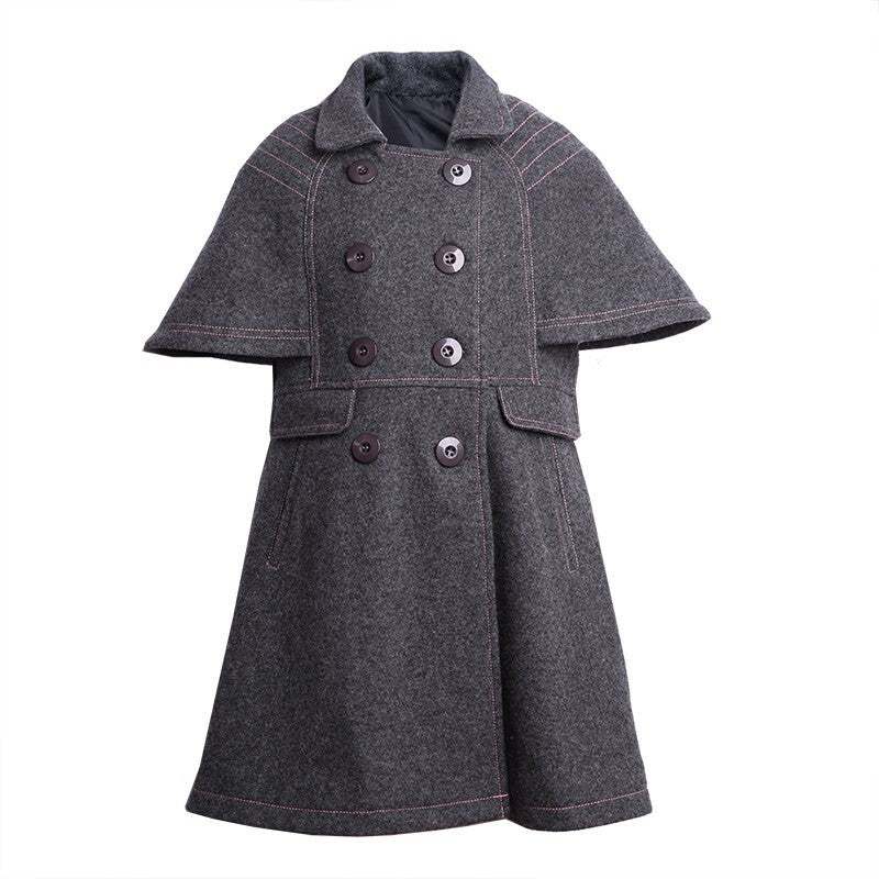 LAVANZEY Girls Cashmere Long Coat in dark grey wool blend, with a flared cape silhouette, pink stitching and double buttons.