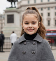 LAVANZEY Girls Cashmere Long Coat in dark grey wool-blend, with a double-breasted design and wide collar.