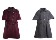 LAVANZEY Girls Cashmere Long Coat in wine red and dark grey wool blend, with cape sleeves, double-breasted buttons and pockets.