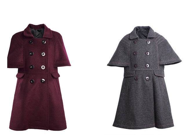 LAVANZEY Girls Cashmere Long Coat in wine red and dark grey wool blend, with cape sleeves, double-breasted buttons and pockets.