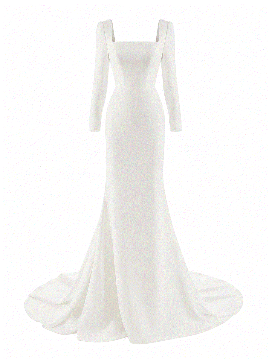 Mermaid wedding dress in ivory crepe with a square neckline, long sleeves, fitted silhouette and flowing train