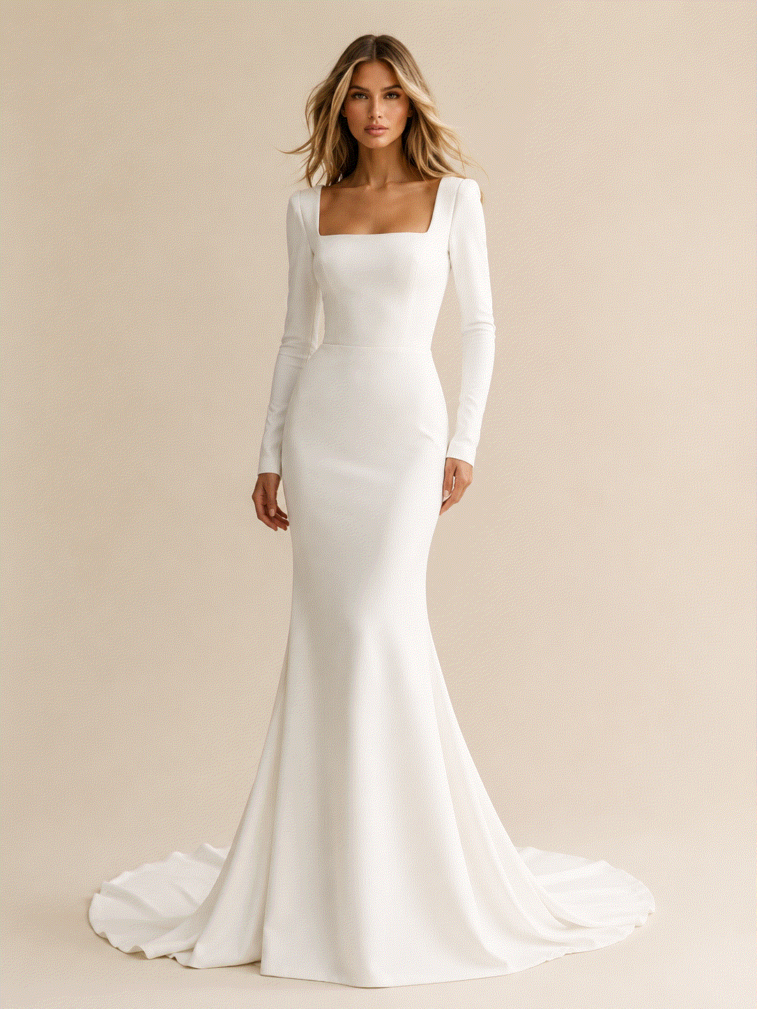 Mermaid wedding dress in white crepe with a square neckline, long sleeves, and a fitted silhouette flaring into a train