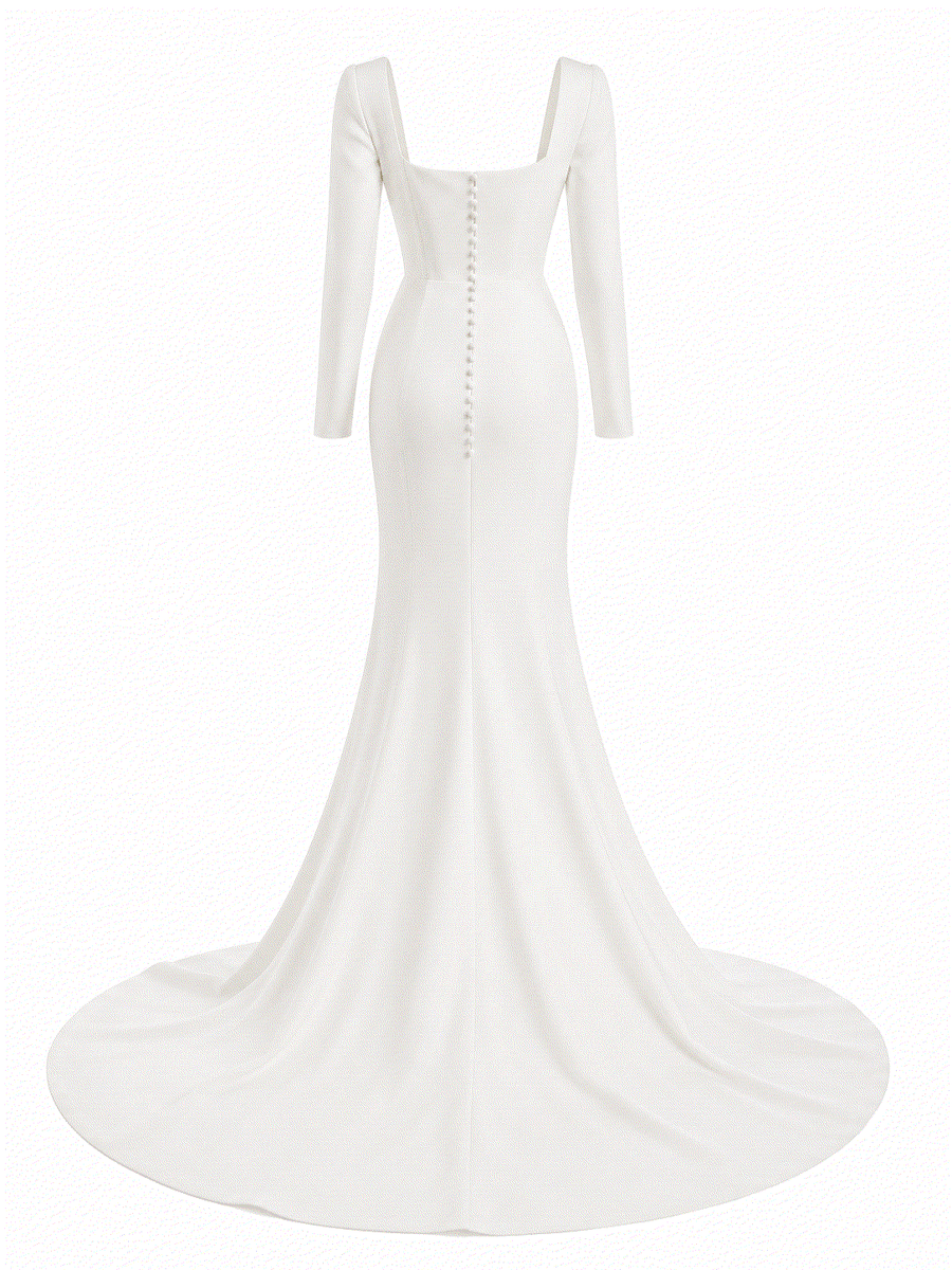 Mermaid wedding dress in white smooth crepe, with a square neckline, long sleeves, covered back buttons and a chapel train