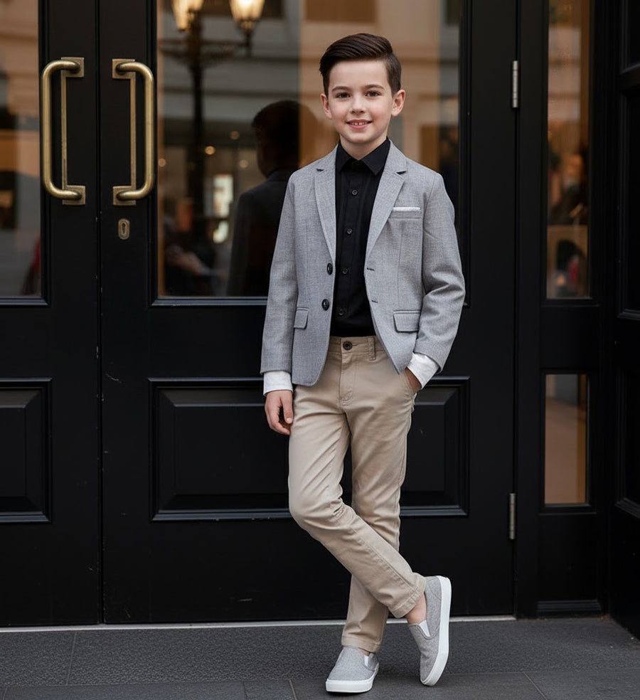 Boys Grey Casual Blazer with Double Cuffs (3–10 Years) | Smart Casual & Party Jacket
