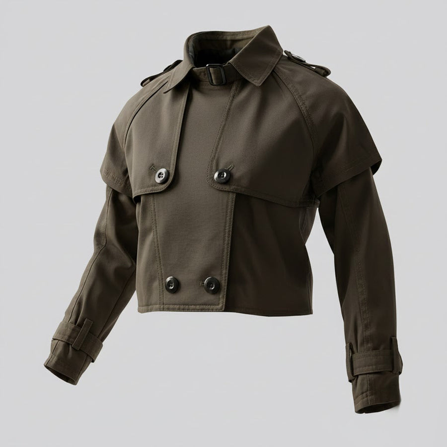 Girls' Cotton Trench Coat in dark olive cotton, cropped with long sleeves, a storm flap, collar and double-breasted buttons.