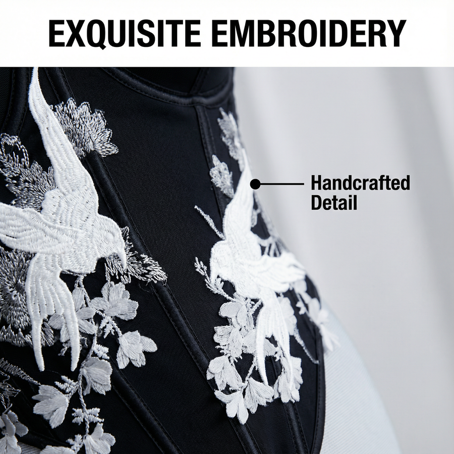 Women’s Strapless Embroidered Corset & Glossy Bandage Midi Skirt Set – Sculpting Bodycon Party Outfit